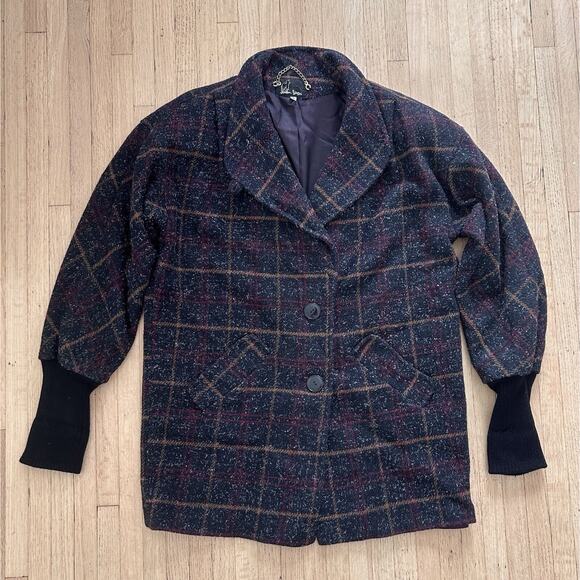 Vintage Tweed Plaid Wool Coat Women's Sz 8 Black by Jonathan Stevens - Picture 4 of 7